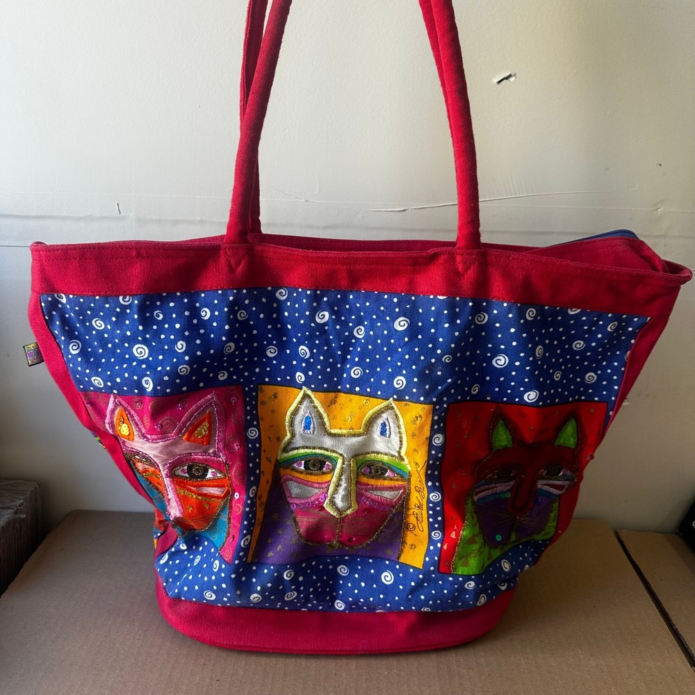 Laurel Burch Canvas Tote Bag Red Blue Three Cats Sequin Embroidered Shoulder Bag - Picture 3 of 16